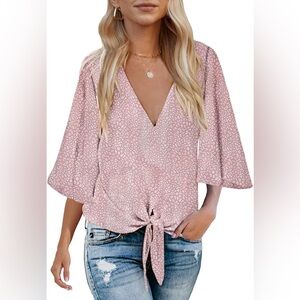 Amazon Pink Patterned V-Neck Tie-Front Blouse